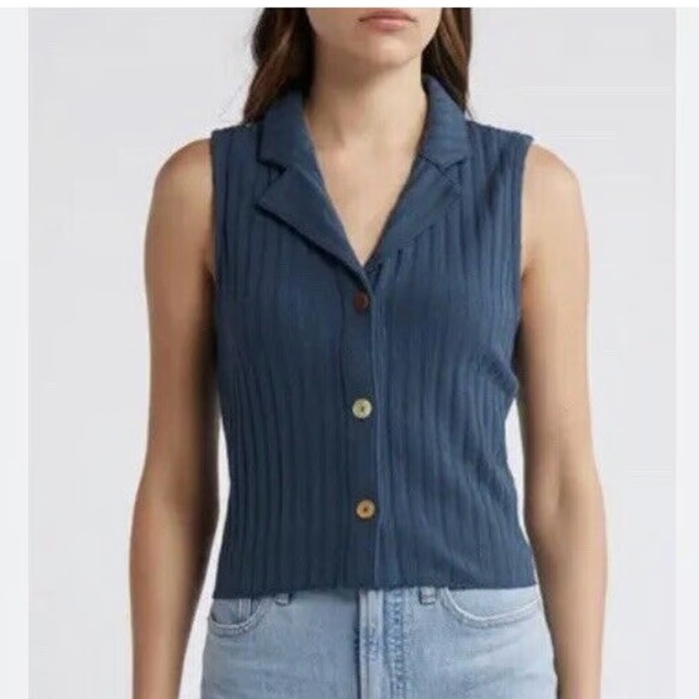 Madewell Blue Sleeveless Polo Ribbed Top